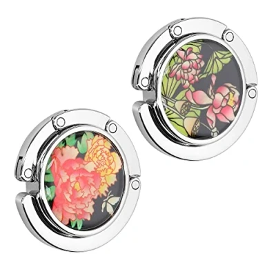 Abbildung von kwmobile 2X Tisch Handtaschenhalter Haken Faltbare Antirutsch Taschenhaken Halterung Handtaschen Floral Rosa Gelb Grün