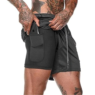 Abbildung von XDSP Shorts Herren 2 in 1 Trainingsshorts Sommer Kurze Hosen Schnelltrocknende Laufshorts, Sporthose mit Taschen Kompressionsshorts (Black, L, l)