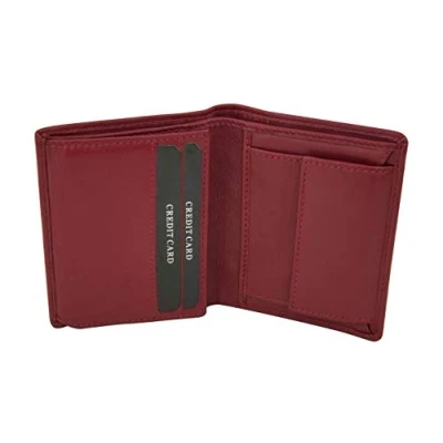 Abbildung von Mini Geldbörse mit Klappe dünn im Hochformat, flaches Portemonnaie RFID Schutz Folie Geschenk Box LEAS in Echt Leder, rot