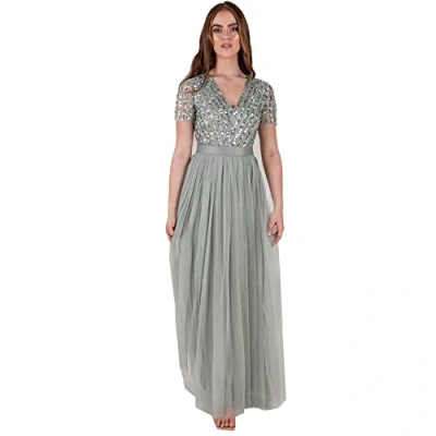 Abbildung von Maya Deluxe Damen Women&#039;s Maxi Ladies V neck Plus Size Ball Gown Short Sleeves Long Elegant Empire Waist Bridesmaid Dress, Green Lily, 36 EU