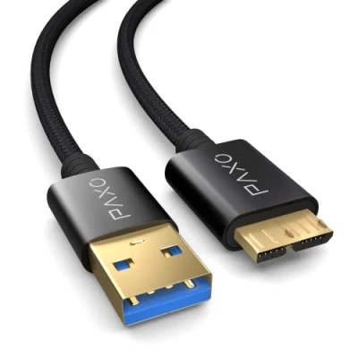 Abbildung von PAXO 1m Nylon USB Micro 3.1 (USB 3.0) Festplattenkabel, 5Gbit/s, HDD Kabel, Datenkabel, Ladekabel schwarz, A Stecker auf B