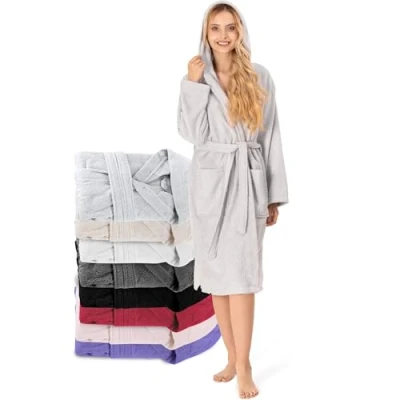 Abbildung von Bademantel Damen 100% Baumwolle (350g/m²) OEKO TEX® Zertifiziert Morgenmantel mit Kapuze, 2 Taschen, Gürtel Grau XL