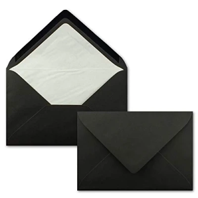 Abbildung von 25 Briefumschläge Schwarz DIN C6 gefüttert mit weißem Seidenpapier 90 g/m² 11,4 x 16,2 cm Nassklebung NEUSER PAPIER