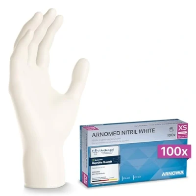 Abbildung von ARNOMED Nitril Einweghandschuhe 100 Stück/Box, XS, weiß, latexfreie Einmalhandschuhe, puderfreie Nitrilhandschuhe, in Gr. S, M, L &amp; XL verfügbar