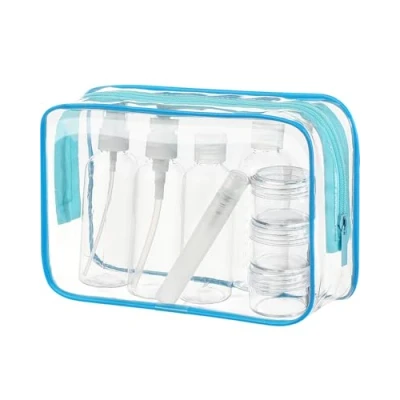 Abbildung von MOCOCITO Kulturbeutel durchsichtig und 8 Stück Reiseflasche Set (max.100ml) Kulturtasche für Flüssigkeiten Handgepäck Kosmetiktasche Reiseflaschen(Blau)
