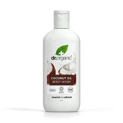 Abbildung von Dr Organic Kokosöl Körperwaschgel, Duschgel, Trockene Haut, Natürlich, Vegan, Tierversuchsfrei, Paraben &amp; SLS frei, Recycelbar Aus im Meer gebundenem Plastik recycelt, Zertifiziert Bio, 250ml