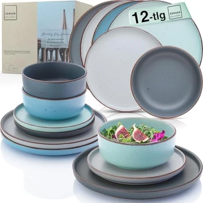 Abbildung von SÄNGER Bombay Sky Shades Geschirrset 12 teilig, Steingut Geschirr 4 Personen, 4x Speiseteller Dessertteller Schalen, Teller Set bunt VALUE COLLECTION