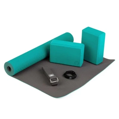 Abbildung von Bodhi Yoga Starter Set Komplett bestehend aus: 1 Yogamatte aus TPE, 2 Bricks Eva (Moosgummi) und Gurt Baumwolle Einsteiger für Anfänger (Petrol)