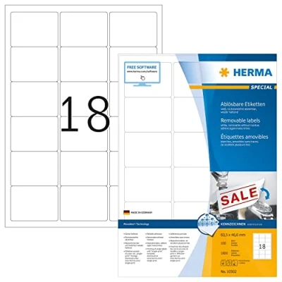 Abbildung von HERMA 10302 Universal Etiketten ablösbar, 100 Blatt, 63,5 x 46,6 mm, 18 pro A4 Bogen, 1800 Stück, selbstklebend, bedruckbar, matt, blanko Papier Klebeetiketten Aufkleber, weiß