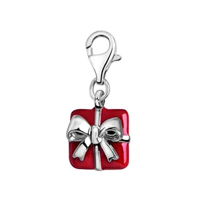 Abbildung von Quiges Charms Anhänger Rote Emaille Geschenkbox mit Schleife Versilbert Damen Schmuck für Bettelarmband