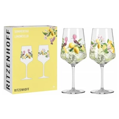 Abbildung von RITZENHOFF 6041005 Aperitif Glas 500 ml 2er Set Serie Sommertau für Spritz, Schorle Motiv Zitrone Made in Germany, Gelb, Grün, Rosa