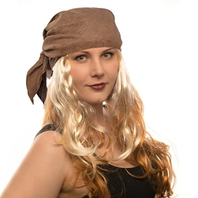 Abbildung von Piraten Piratin Perücke Seeräuber mit Bandana und Perlen Karneval Fasching (Pirat Blond Kopftuch Braun)