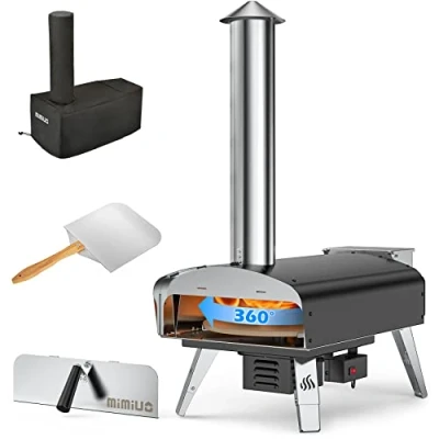 Abbildung von Mimiuo Outdoor Pizzaofen, Pelletofen für den Garten mit automatischem Drehsystem, Holzofen Pizzastein und Pizzaschale &amp; Outdoor, Pellets, Hackschnitzel(Globales Patent)