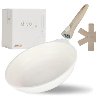 Abbildung von DIVORY Pfanne 24cm I Abnehmbarer Griff, Induktion, beschichtet, Aluminium Bratpfanne mittel + Pfannenschoner Induktionspfanne