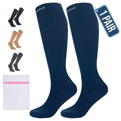 Abbildung von 360 Relief Kompressionsstrümpfe Damen und Herren 1 Paar Kompressionssocken Einfarbig für Sport, Laufen, Flug, Reise, Joggen, Radsport, Kniestrümpfe, 4XL Blau mit Wäschenetz