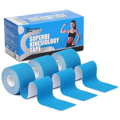 Abbildung von Superbe Kinesio Tape und Physio (Packung mit 3 Rollen), kinesiologisches für Leichtathletik, zur Schmerzlinderung, Genesung Physiotherapie, 5 cm x m (blau)