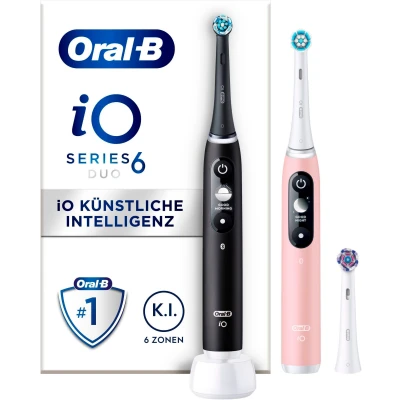 Abbildung von Oral B iO Series 6 Elektrische Zahnbürste/Electric Toothbrush, Doppelpack &amp; 3 Aufsteckbürsten, 5 Putzmodi für Zahnpflege, Magnet Technologie, Display, Designed by Braun, black lava/pink sand