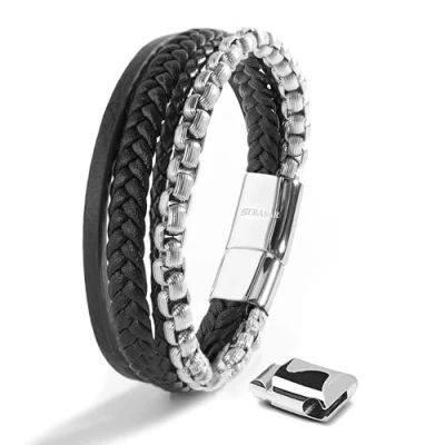Abbildung von SERASAR Armbänder Herren Silber 23cm Männer Armband Leder Armreif Lederband Herrenarmreif Armschmuck Schmuck Flecht Wickelarmband Kette Leather Bracelet