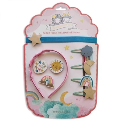 Abbildung von Papierdrachen Haarschmuck Set Haarreifen Haarband Klett wechselbare Patches im Design *Regenbogen* Schöne kreative Haar Accessoires für Mädchen 5