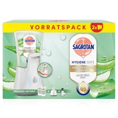 Abbildung von Sagrotan No Touch Automatischer Seifenspender Weiß Vorratspack Inkl. Nachfüllern Aloe Vera 2 x 250 ml Flüssigseife
