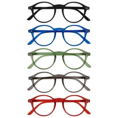 Abbildung von OPULIZE REY Lesebrille 5er Pack Runder Retro Rahmen Mattschwarz, Blau, Grün, Grau, Rot Herren Damen Federscharniere RRRRR56 1367Z +1.50