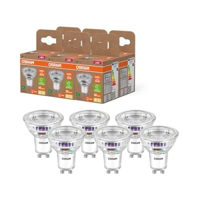 Abbildung von Osram Energy Class LED Reflektor Lampe PAR16 mit 1.3 W, 240 lm, warmweiß (2700 K) aus klarem bleifreiem Glas GU10 Sockel in der Energieeffizienzklasse A, 50 mm Durchmesser, IP20,6 Pack