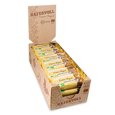 Abbildung von HAFERVOLL Organic Flapjack Banana &amp; Brazil Nut, 18 x 60 g Müsliriegel Bio zertifiziert, mit Honig ohne Zusatz von Zucker, Hafer, im Ofen gebacken