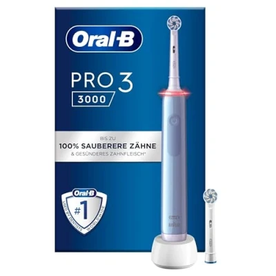 Abbildung von Oral B PRO 3 3000 Elektrische Zahnbürste/Electric Toothbrush, 2 Sensitive Clean Aufsteckbürsten, Putzmodi und visuelle 360 Andruckkontrolle für Zahnpflege, Geschenk Mann/Frau, blau
