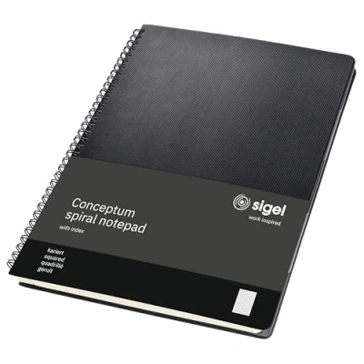 Abbildung von SIGEL CO840 Premium Spiralblock A4, kariert, schwarz, 80 Blatt, sehr stabiler Hardcover Einband, mit versetzbarem Register, Einsteckfach, aus nachhaltigem Papier, Conceptum