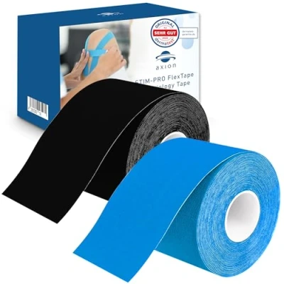 Abbildung von axion Kinesiologie Tape 2er Set 500x5cm 2 Rollen wasserfeste, hautfreundliche, elastische und selbstklebende Bandage Physio optimal für Sport &amp; Alltag (Blau Schwarz)
