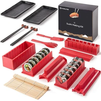 Abbildung von Virklyee Sushi Making Kit 17 Stück Set Form Mehrere Formen DIY Selbst Machen Set, Matten, Teller,Essstäbchen(Rot)