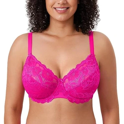 Abbildung von DELIMIRA Damen Vollschalen BH ungefütterte Spitze Tüll Cup,mit Bügel Glitzer Rosa 90C