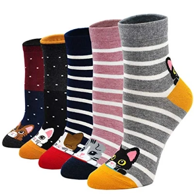 Abbildung von PUTUO Damen Socken aus Baumwolle Lustige Bunte Socken, Frauen Thermal Witzige Karikatur Tier Weihnachtssocken, 5 Paare, EU 37 43, Katzenmuster