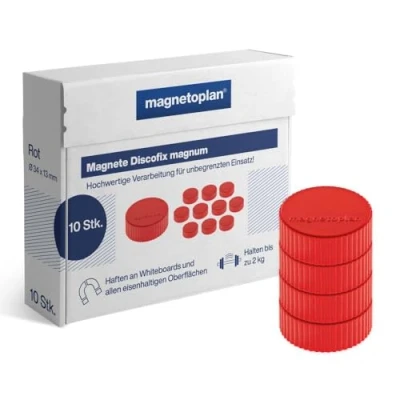 Abbildung von magnetoplan Premium Magnete Discofix magnum ØxH 34x13mm 10 Stück, rot Haftkraft: 2 kg für Magnettafeln und Whiteboards Kratzfreie Spezialbeschichtung Leicht abnehmbar