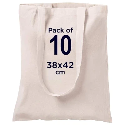 Abbildung von CENTRIX 100% natürlicher Baumwolle Einkaufstaschen 10er Pack, 15 x 16 Zoll, 27 Zoll Stofftasche mit zwei langen Henkeln Jutebeutel waschbar Canvas Taschen Baumwolltaschen zum Sticken und Malen