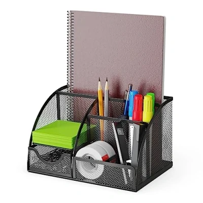 Abbildung von Detectalia Schreibtisch Organizer und Stifthalter mit Schublade 6 Fächern aus Metallgeflecht, Schwarz, 7