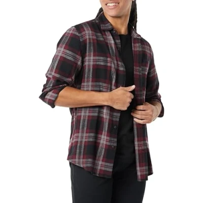 Abbildung von Amazon Essentials Herren Langarmhemd aus Flanell (in Übergröße erhältlich), Schwarz Burgunderrot Grau Karomuster, L