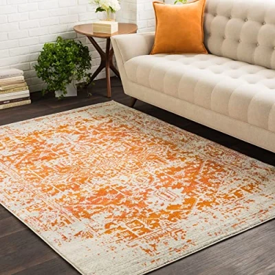 Abbildung von Surya Syracusa Vintage Teppich groß Wohnzimmer 160x220cm, Esszimmer, Schlafzimmer Orientalischer Boho Style Carpet Living Room, Bunter Muster, Gebranntes Orange, Beige und Rosa