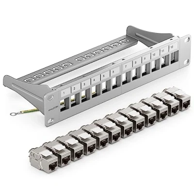 Abbildung von deleyCON 12 Port CAT7 Patchpanel SET Patchfeld Verteilerfeld Modular 1 HE 10&quot; Zoll Rackeinbau + 12x CAT 7 Keystone Module RJ45 LAN Netzwerk 10 Gbit/s 600 MHz Verlegekabel Grau