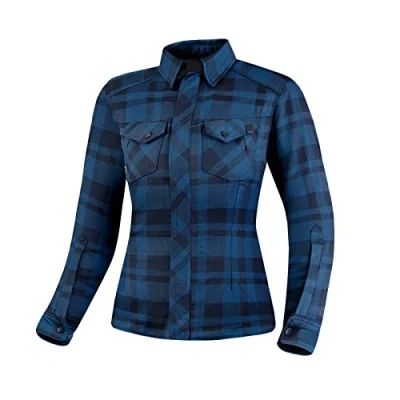 Abbildung von SHIMA RENEGADE LADY 2 Motorrad Hemd Damen Verschleißfest Baumwolle Karierte Motorradjacke mit CE Protektoren, FiberQL Aramid und Kühlungsschicht, Reißverschluss (Blau, L)
