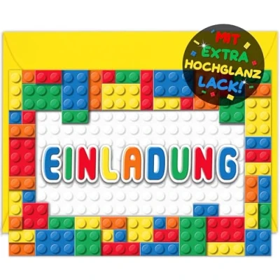 Abbildung von 12x Bausteine EINLADUNGSKARTEN Kindergeburtstag Junge Mädchen + Umschläge die frech bunten Baustein Party Karten sind EINLADUNG für Jungen Kinder Geburtstag KINDERPARTY