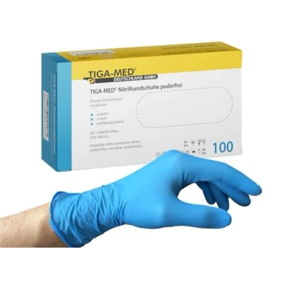 Abbildung von Tiga Med Nitrilhandschuhe Blau puderfrei Einmalhandschuhe aus Nitril 100 Stück Größe: Medium Einweg Handschuhe ohne Latex