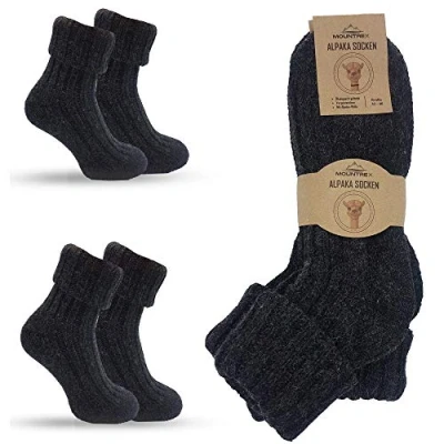 Abbildung von MOUNTREX Alpaka Socken, Wollsocken für Damen, Herren Stricksocken, Haussocken 2 Paar, Anthrazit (Dick wie gestrickt, mit Umschlag), 43 46