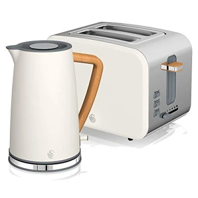 Abbildung von Swan Nordic Set Frühstücks Wasserkocher, kabellos, 1,7 l, 2200 W, breiter Schlitz, 2 Scheiben, 3 Funktionen, modernes Design, Holzoptik, Weiß