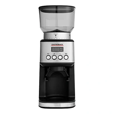 Abbildung von GASTROBACK #42643 Design Kaffeemühle Digital, 31 Mahlgradeinstellungen von fein bis grob 2 Automatik Modi: Direktes Mahlen in den Siebträger oder Vorratsbehälter, Silber/Schwarz