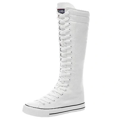Abbildung von ANUFER Mädchen Damen Knie Hoch Leinwandstiefel Schnüren Reißverschluss Eben Sportschuhe Weiße Sohle F888 EU42