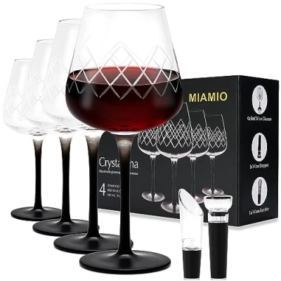 Abbildung von MIAMIO 480 ml Rotweingläser, 4er Set große Weingläser/Kristallweingläser mit schwarzem Stiel + Weinstopper &amp; Luftsprudler Crystaluna Collection