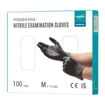 Abbildung von EUROPAPA 100x Nitrilhandschuhe Box Einweghandschuhe, Einmalhandschuhe, Untersuchungshandschuhe, Nitril Handschuhe, puderfrei, ohne Latex, unsteril, latexfrei, disposible gloves (M, Schwarz)