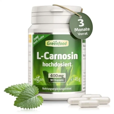 Abbildung von Greenfood L Carnosin, 400 mg, hochdosiert, 90 Kapseln, vegan wichtige Aminosäure. Hergestellt durch Fermentation. Ohne künstliche Zusätze. Gentechnik.