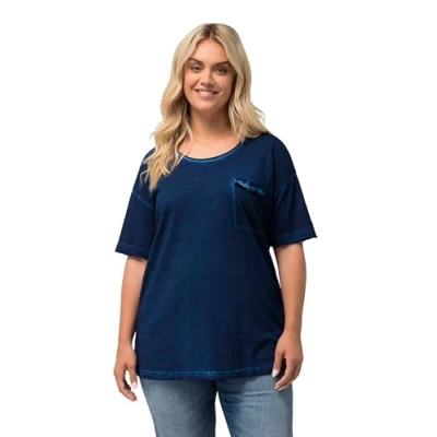Abbildung von Ulla Popken RÜSCHENBRUSTTASCHE Rundhals Halbarm Tshirt basic, Damen, Größe: 54/56, Dunkelblau